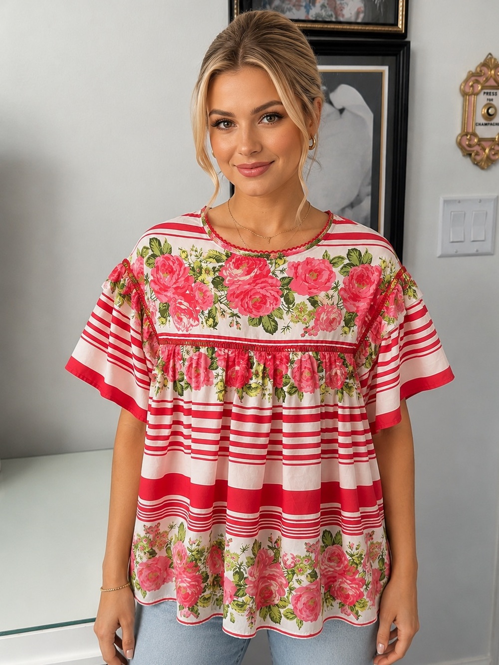 Women’s Pink Floral Stripe Flutter Sleeve Peasant Top